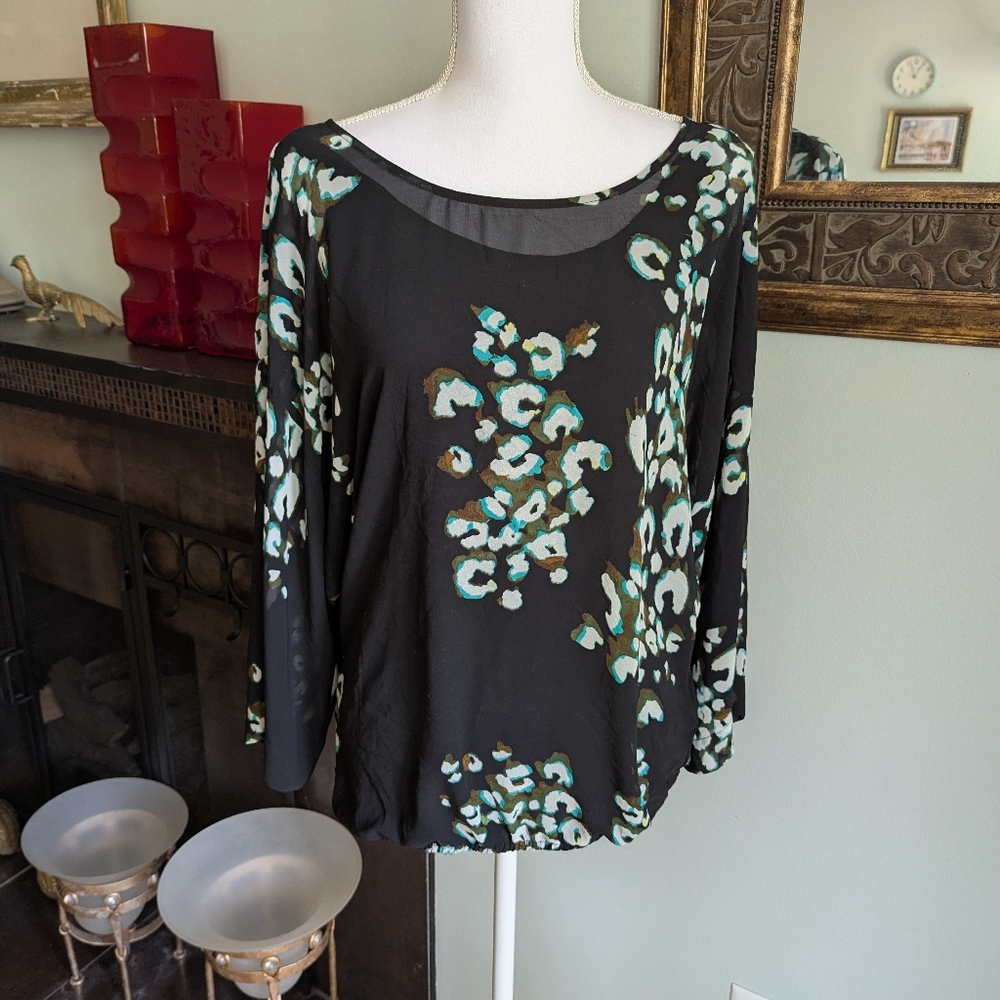 Poeme By Citron Womens Medium Blouse Animal Print 3/4 Sleeve Chiffon Layered 125